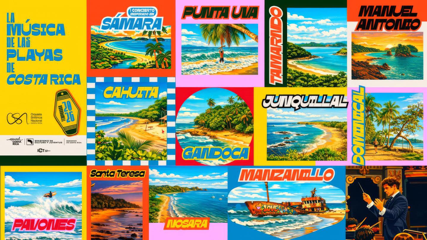 Ein farbenfrohes Rasterplakat mit dem Titel „La música de las playas de Costa Rica(Die Musik der Strände Costa Rica), auf dem illustrierte Strandszenen mit den Namen von Küstenstädten (Sámara, Punta Uva, Tamarindo, Manuel Antonio, Cahuita, Gandoca, Junquillal, Dominical, Pavones, Santa Teresa, Nosara, Manzanillo) wie Konzertkarten vor einem lebhaften Hintergrund angeordnet sind.